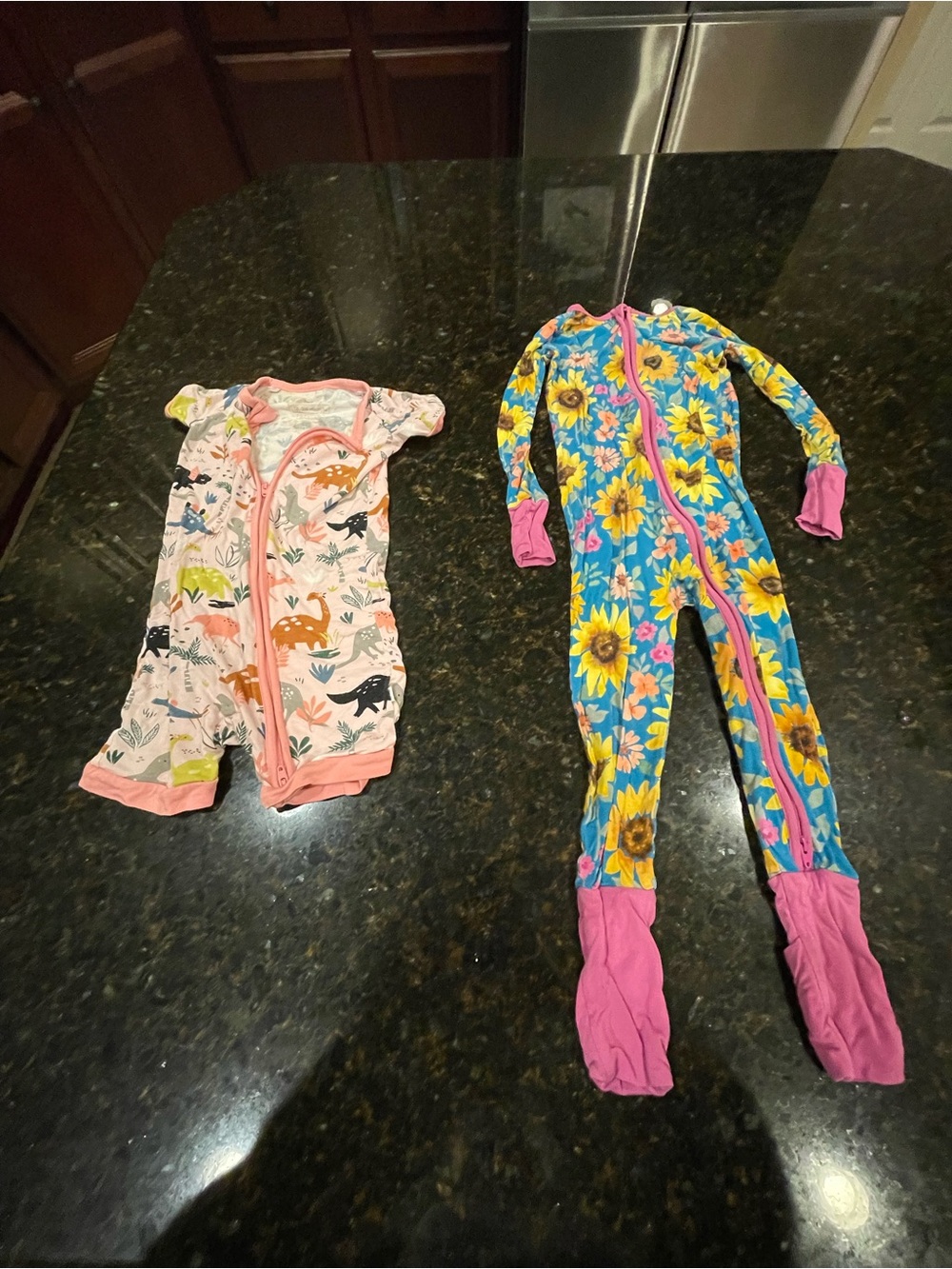 Little Sleepies Blue Sunflower & Pink Trim Dino Two-Piece Footie Set